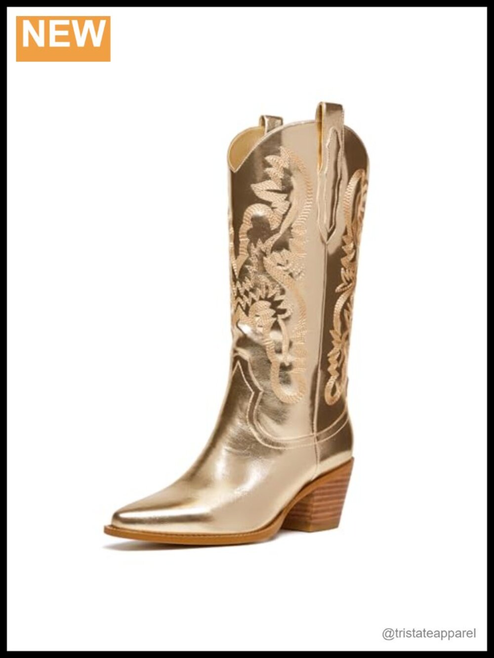 Women's Glitter Embroidered Cowboy Boots Wide Calf Chunky Heel Pull On Pointed